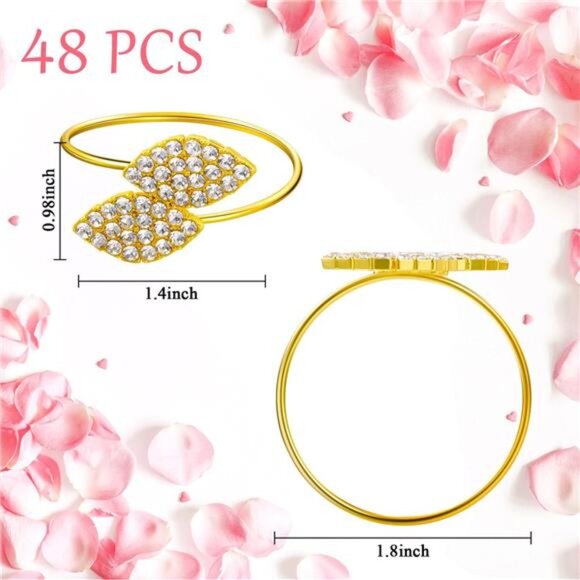 100 Pcs Napkin Rings Set Gold Bling Napkin Rings Metal Leaves Rhinestone Guest - Picture 6 of 7